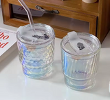350ml Rainbow Coffee Glass Cup With Lid and Straw