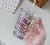 350ml Rainbow Coffee Glass Cup With Lid and Straw