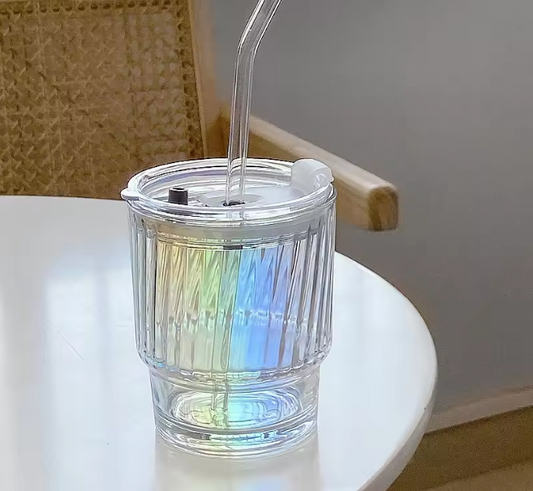 350ml Rainbow Coffee Glass Cup With Lid and Straw