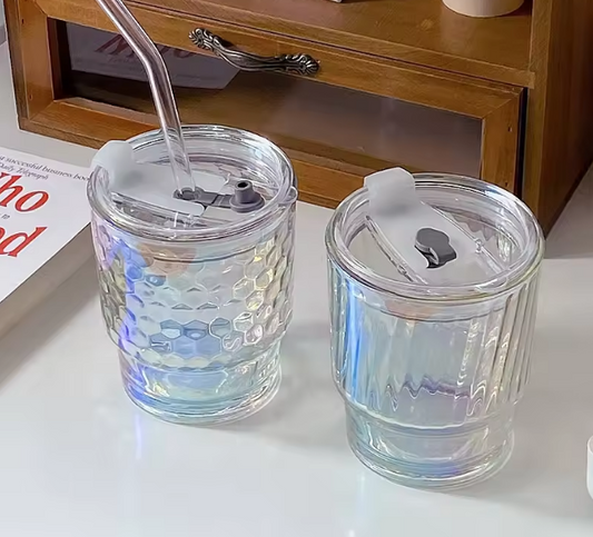 350ml Rainbow Coffee Glass Cup With Lid and Straw