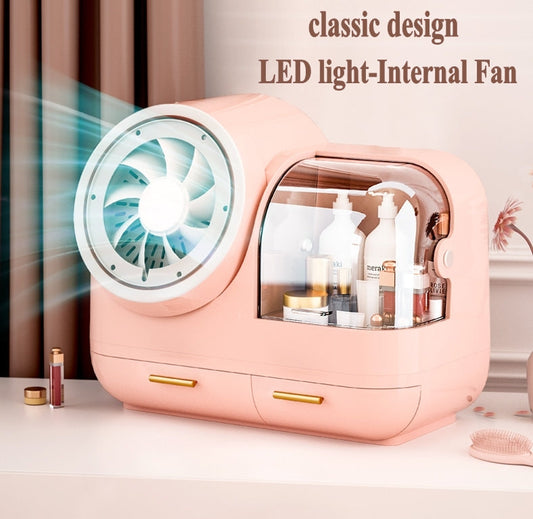 Large Capacity Cosmetic Organizer With Internal Fan And Led Mirror