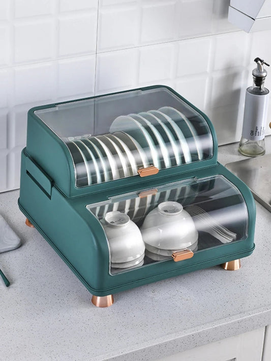 Kitchen Double Layer Dish Rack With Lid